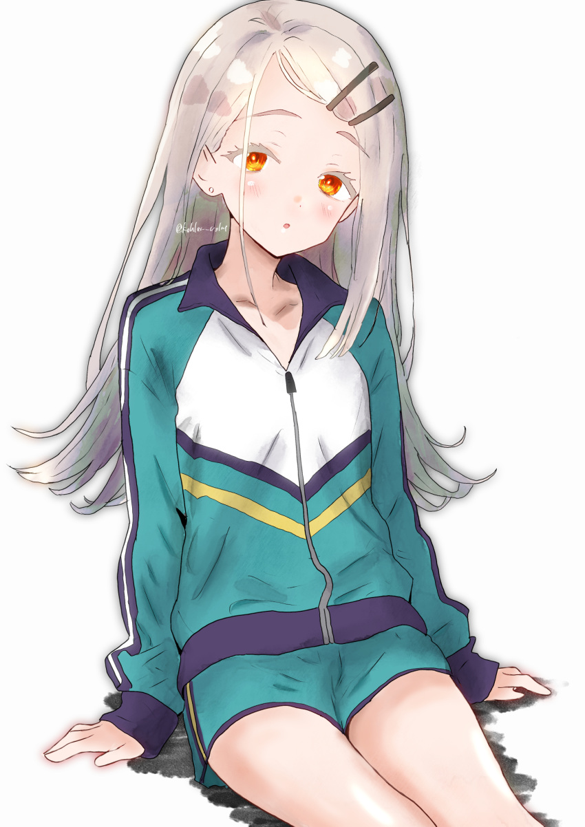 1girl, :o, arm_support, blush, collarbone, colored_eyelashes, commentary_request, earrings