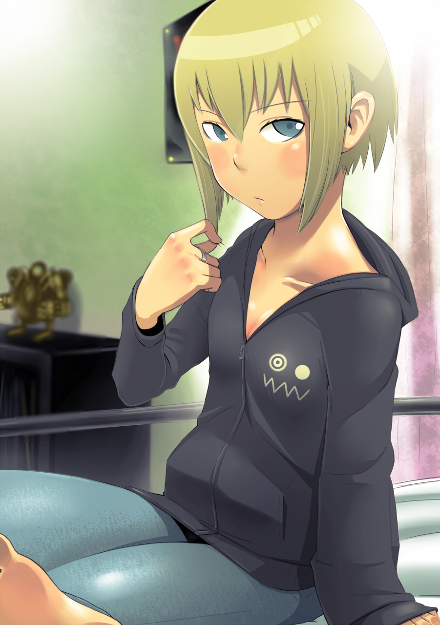 bad_id, blonde_hair, blue_eyes, blush, breasts, cleavage, donarudo, face