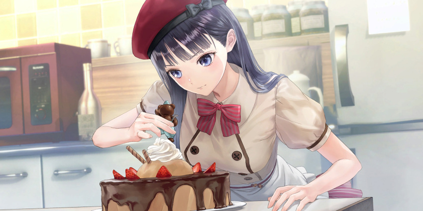 1girl, apron, bear, beret, black_bow, black_hair, blue_eyes, blue_reflection_(series)