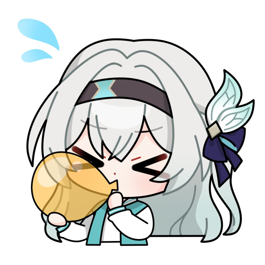 >_<, 1girl, aqua_jacket, blowing, blue_ribbon, brown_hairband, closed_eyes, firefly_(honkai:_star_rail)