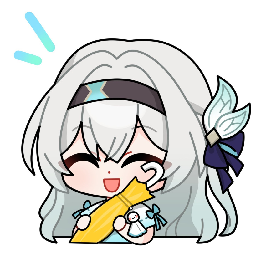 1girl, blue_ribbon, brown_hairband, closed_eyes, firefly_(honkai:_star_rail), gradient_hair, grey_hair, hair_between_eyes