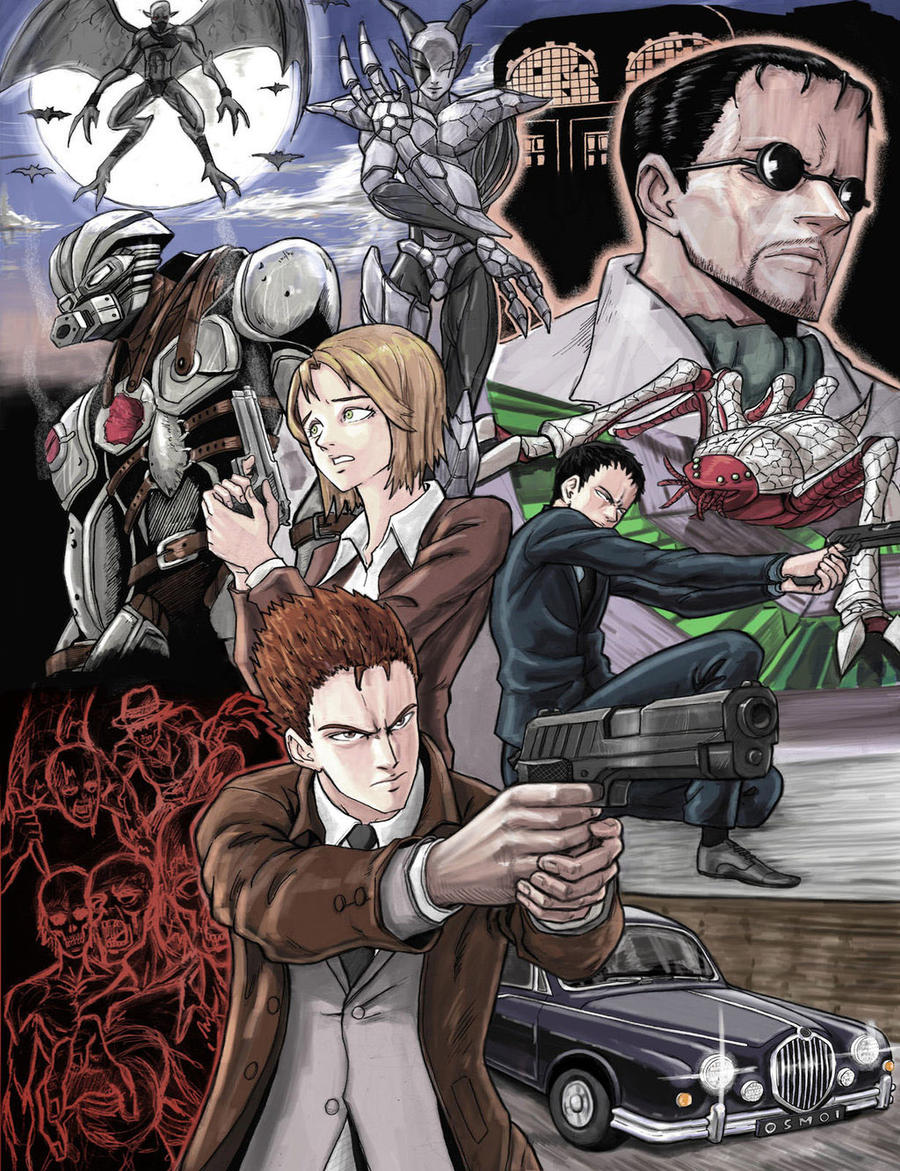 1girl, 3boys, black_hair, blonde_hair, brown_hair, car, chariot_(house_of_the_dead), g_(house_of_the_dead)