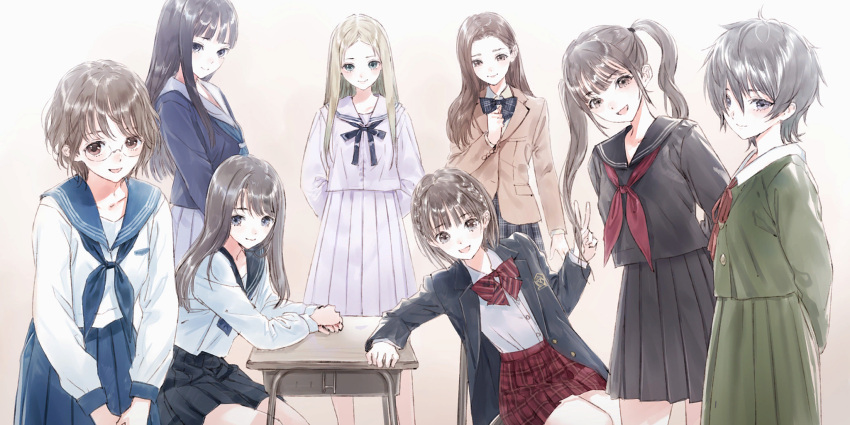 6+girls, :d, arm_support, arms_behind_back, azumi_nanaka, black_bow, black_bowtie, black_hair