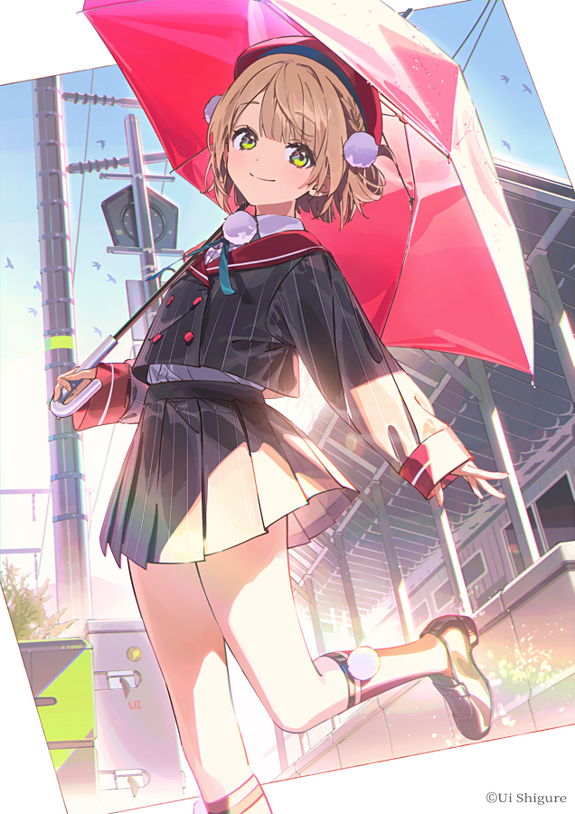 1girl, beret, black_shoes, blonde_hair, blue_ribbon, blue_sky, blunt_bangs, braid, buttons, closed_mouth, collared_shirt, commentary_request, copyright_notice, day, double-breasted, dress_shirt, dsmile, green_eyes, grey_jacket, grey_skirt, hair_ornament, hair_rings, hat, holding, holding_umbrella, indie_virtual_youtuber, jacket, kneehighs, loafers, long_sleeves, miniskirt, neck_ribbon, official_art, outdoors, pinstripe_jacket, pinstripe_pattern, pinstripe_skirt, pleated_skirt, pom_pom_(clothes), pom_pom_hair_ornament, red_hat, red_sailor_collar, red_socks, red_umbrella, ribbon, sailor_collar, school_uniform, shigure_ui_(vtuber), shigure_ui_(vtuber)_(1st_costume), shirt, shoes, short_hair, side_braid, side_up_ring, skirt, sky, sleeve_cuffs, smile, socks, solo, umbrella, virtual_youtuber, white_shirt