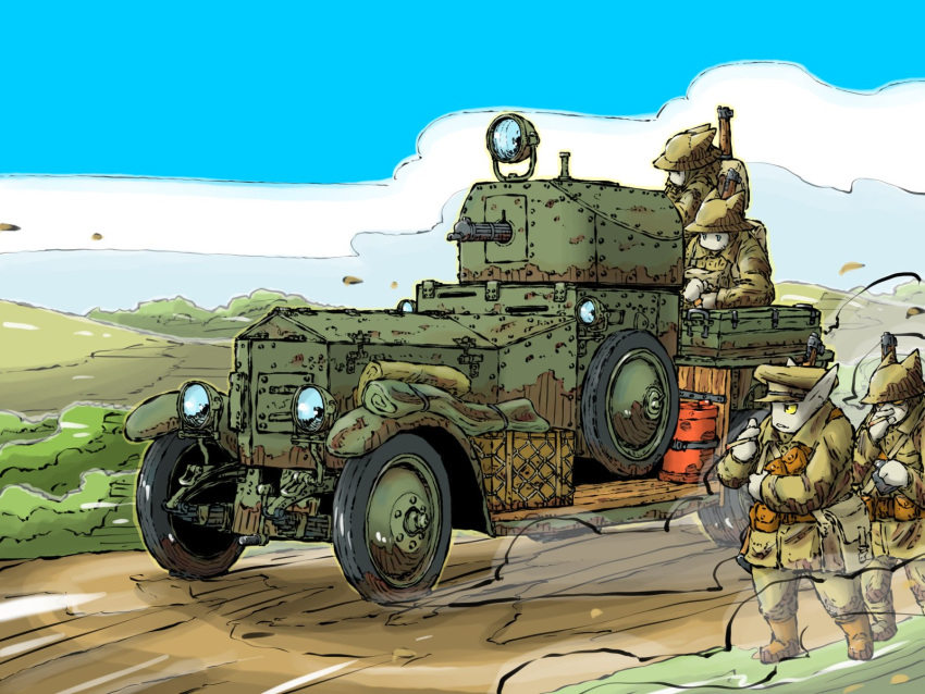 4boys, ammunition_pouch, blue_sky, brodie_helmet, car, combat_helmet, day, hat
