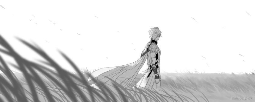 1boy, 7-river, antenna_hair, armor, cape, from_side, grass, greyscale