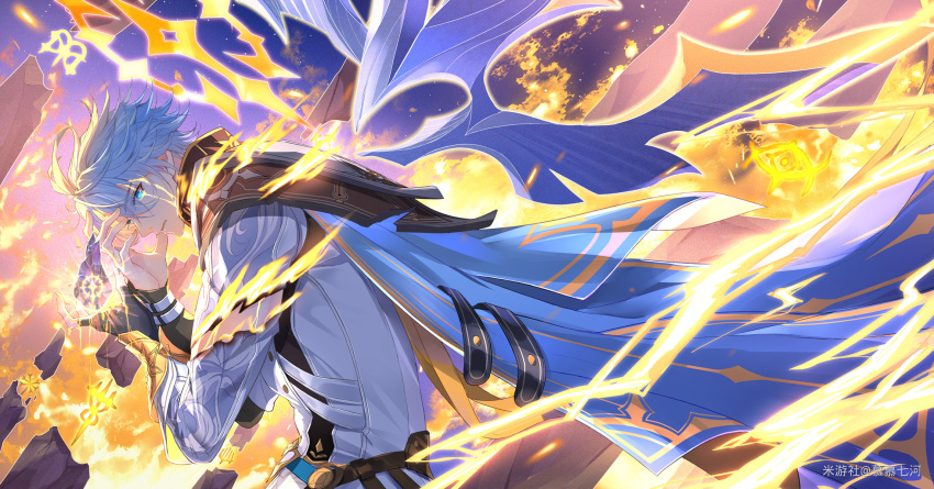 1boy, 7-river, antenna_hair, black_gloves, blue_cape, blue_eyes, cape, coreflame_(honkai:_star_rail)