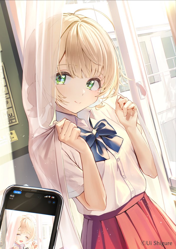 1girl, 1other, ahoge, blonde_hair, blue_bow, blue_bowtie, blunt_bangs, bow