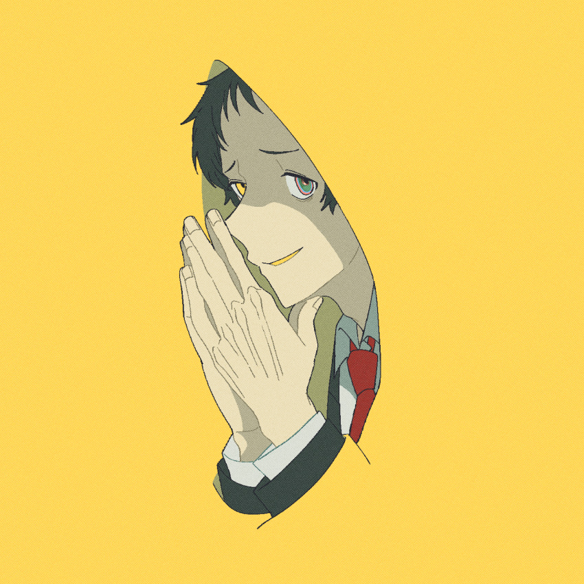 1boy, adachi_tooru, ameno_sagiri_(persona), black_hair, blending, collared_shirt, cottonbox, heterochromia