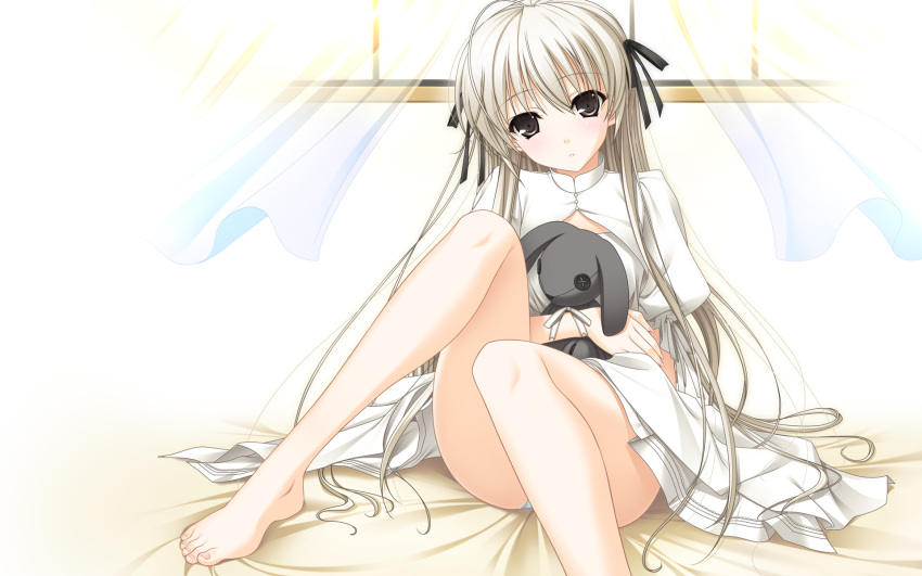 ahoge, bare_legs, barefoot, blonde_hair, brown_eyes, curtains, doll_hug, dress