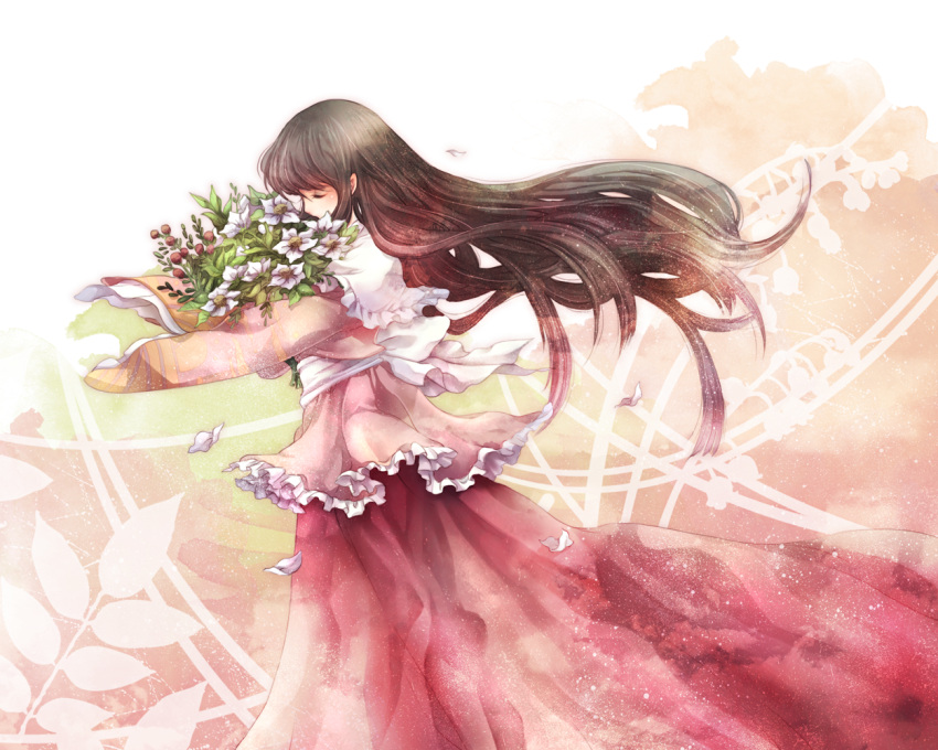 black_hair, bouquet, closed_eyes, eyes_closed, floating_hair, flower, houraisan_kaguya, long_hair