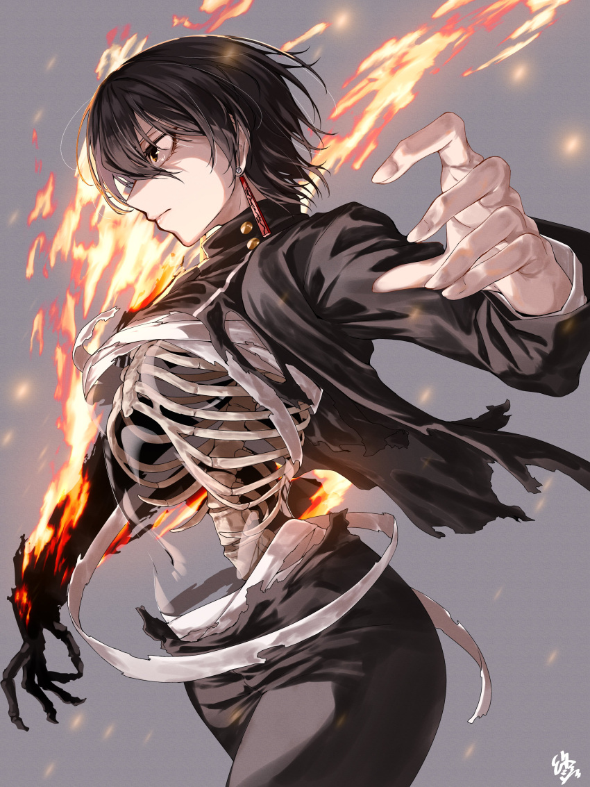 1girl, absurdres, black_eyes, black_hair, black_jacket, bone, earrings, endo_yohane