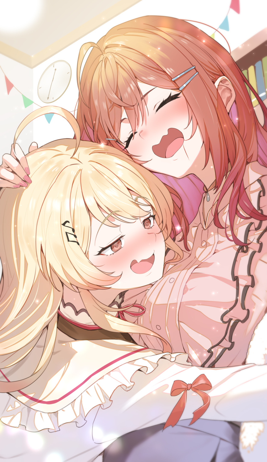 2girls, @_@, ahoge, blonde_hair, blouse, blush, brown_eyes, brown_sailor_collar