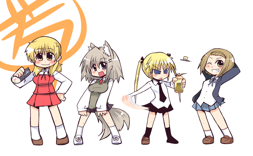 blonde_hair, blush, brown_eyes, brown_hair, character_request, company_connection, hairband, hidamari_sketch, hys-d, k-on!, kill_me_baby, long_hair, manga_time_kirara, manga_time_kirara_carat, miyako, multiple_girls, school_uniform, short_hair, skirt, smile, sonya_(kill_me_baby), tainaka_ritsu, torikoro, twintails, yuzaki_tatami