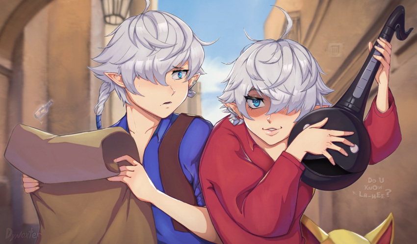 1boy, 2girls, ahoge, alisaie_leveilleur, alphinaud_leveilleur, artist_name, blue_eyes, blue_shirt