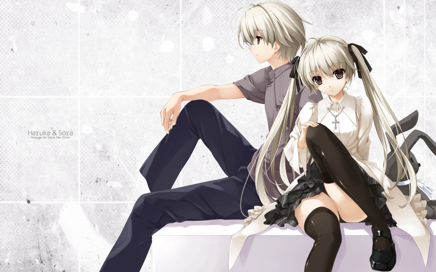 1boy, 1girl, black_panties, brother_and_sister, brown_eyes, cross, eyebrows_visible_through_hair, hair_between_eyes
