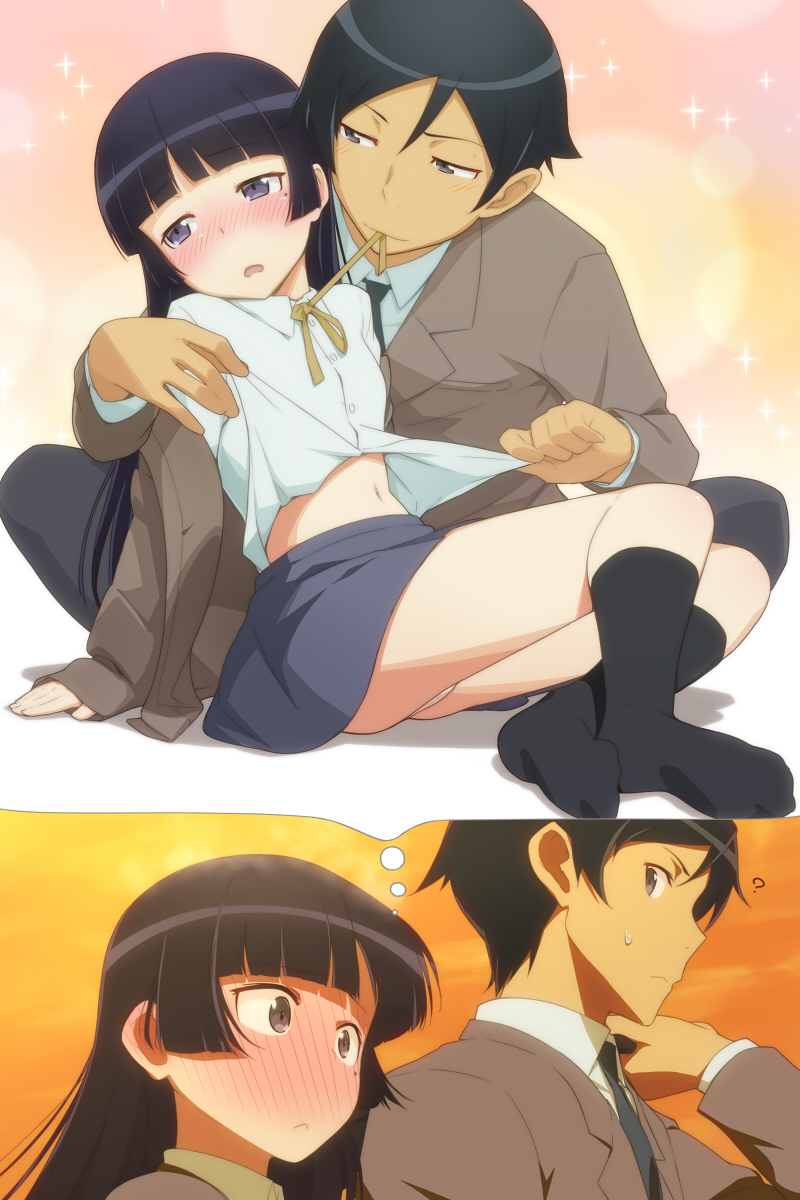 2girls, black_legwear, blue_eyes, blush, flush, gokou_ruri, highres, imagining, jewelry, kanna_asuke, kousaka_kyousuke, long_hair, midriff, mole, multiple_girls, navel, necklace, open_mouth, ore_no_imouto_ga_konna_ni_kawaii_wake_ga_nai, panties, short_hair, skirt, underwear, undressing