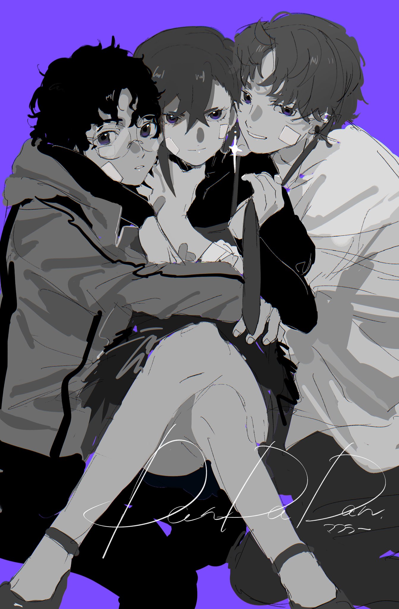 1girl, 2boys, ayase_momo, bandage_on_face, bandages, boy_sandwich, clothes_grab, copyright_name