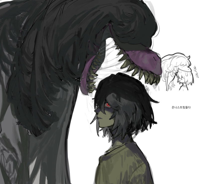 1girl, 1other, biting, biting_another's_head, brown_hair, colored_skin, deltarune, furry, furry_female, gompang2_2, hair_over_eyes, highres, kris_(deltarune), long_hair, open_mouth, pink_skin, profile, red_eyes, saliva, sharp_teeth, short_hair, simple_background, susie_(deltarune), teeth, upper_body, white_background