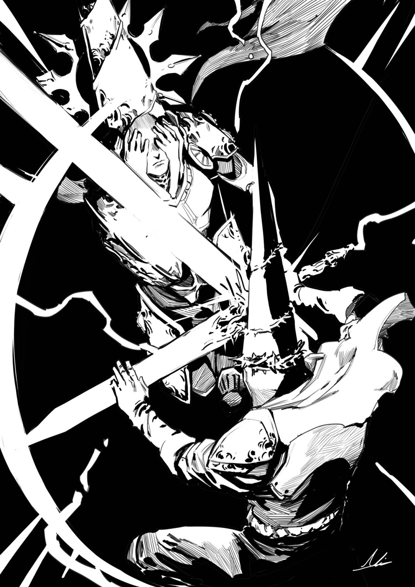 1boy, 1girl, armor, black_background, blasphemous, chanfinger, commentary, crisanta_of_the_wrapped_agony, greyscale, helmet, highres, holding, holding_sword, holding_weapon, monochrome, pauldrons, penitent_one, shoulder_armor, signature, simple_background, sword, sword_clash, thorns, weapon