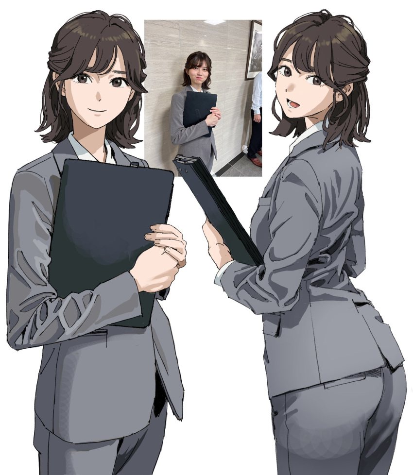 1girl, araki_saori, brown_hair, commentary, english_commentary, grey_suit, half_updo, highres, looking_at_viewer, medium_hair, multiple_views, office_lady, original, photo-referenced, real_life, shiren_(ourboy83), shirt, simple_background, smile, suit, white_background, white_shirt