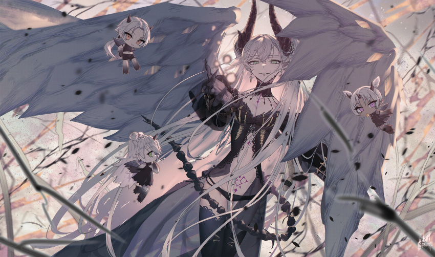 4girls, absurdres, breasts, demon_girl, demon_horns, drei_(fate), eins_(fate), fate/grand_order, fate_(series), green_eyes, grey_hair, hair_on_horn, highres, horns, jewelry, lilith_(fate), lilith_(third_ascension)_(fate), long_hair, looking_at_viewer, multiple_girls, pointy_ears, pubic_tattoo, reluvy, skeletal_tail, solo, tattoo, very_long_hair, wings, zwei_(fate)