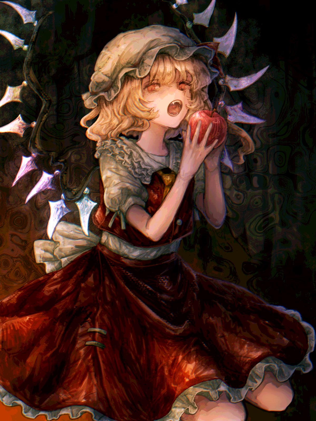 1girl, apple, ascot, blonde_hair, collared_shirt, commentary, fangs, flandre_scarlet