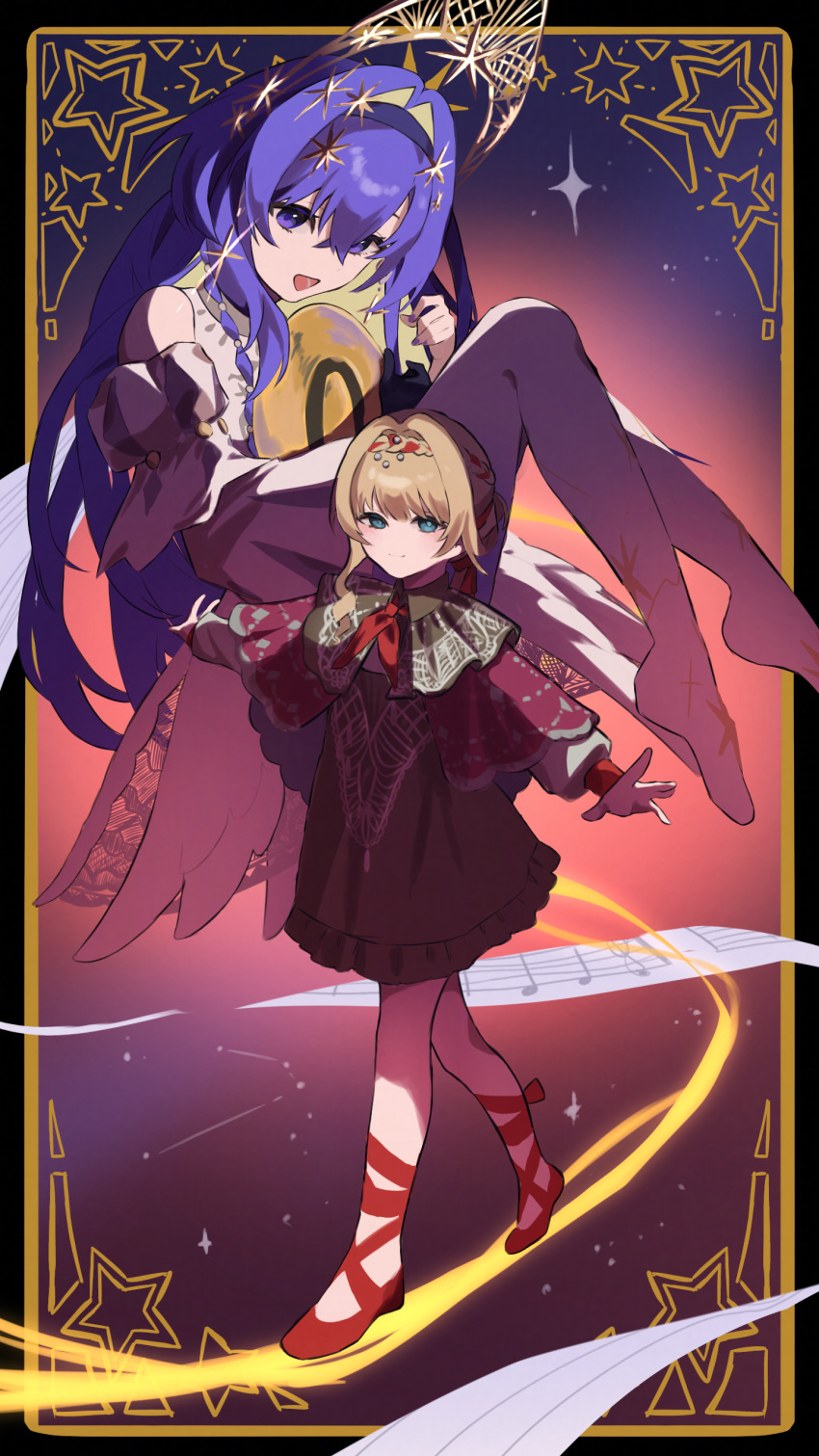 2girls, :d, absurdres, aisu_(ahono_ice), bare_shoulders, blonde_hair, blue_background, blue_eyes