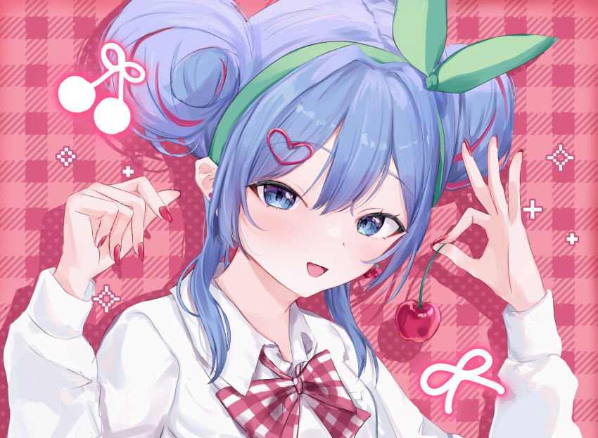 1girl, aqua_eyes, aqua_hair, blush, bow, cherry, cherry_pop_(vocaloid), collared_shirt