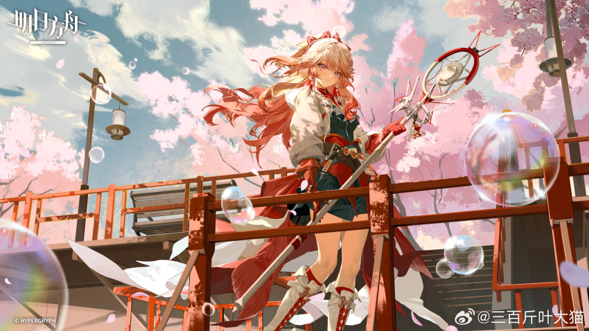 arknights, belt, blue_dress, boots, bubble, cherry_blossoms, dress, earrings, gloves, gradient_hair, haruka_(arknights), highres, holding, holding_staff, jacket, jewelry, knee_boots, long_hair, multicolored_hair, official_art, pink_eyes, pink_hair, red_gloves, sanbai_jin_ye_da_mao, signature, staff, white_jacket