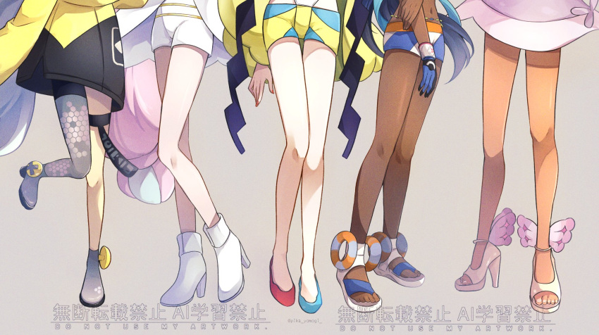 5girls, bikini, black_hair, blue_hair, blue_shorts, boots, coat, dark-skinned_female