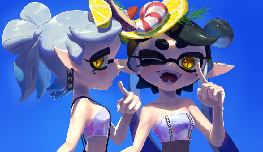 2girls, bare_arms, bare_shoulders, black_hair, bow-shaped_hair, breasts, brown_pupils, callie_(splatoon)