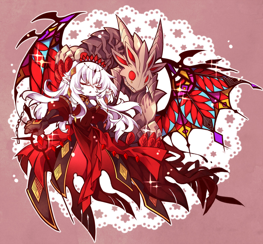 1girl, 1other, armored_gloves, black_tiara, blazing_cartesia_the_virtuous, celaeno, claws, closed_eyes