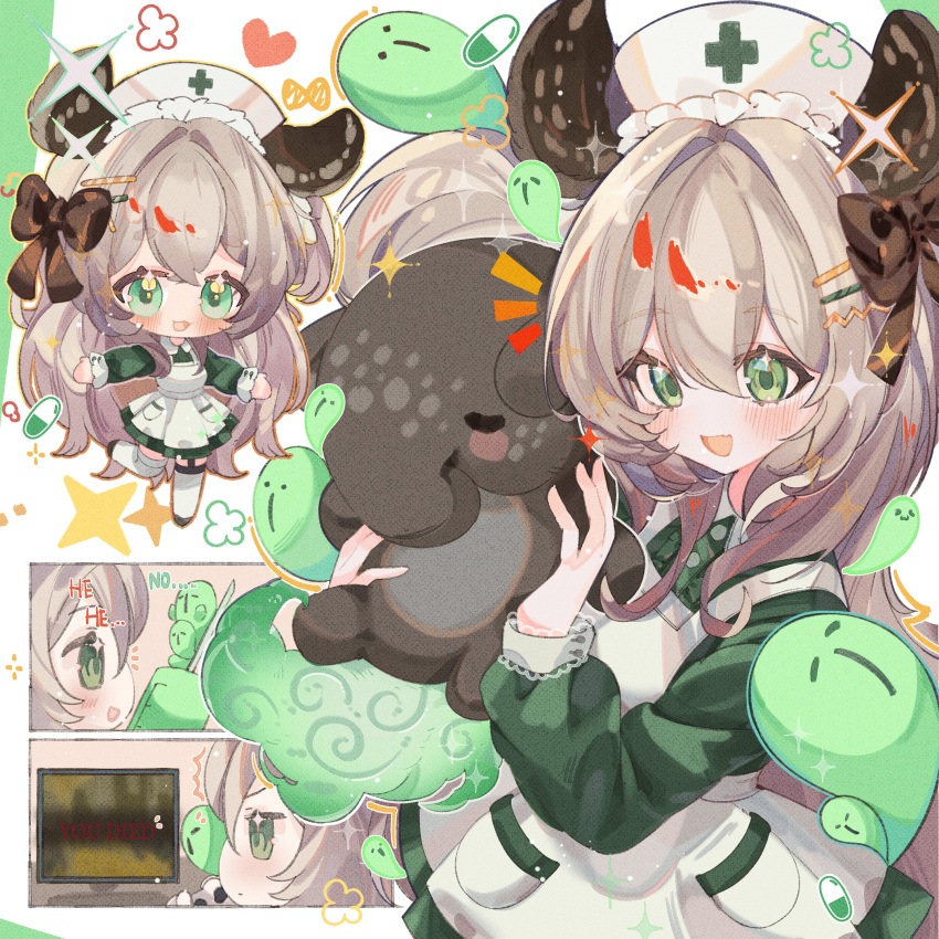 1girl, absurdres, alternate_hair_length, alternate_hairstyle, animal_ears, apron, brown_hair, chibi