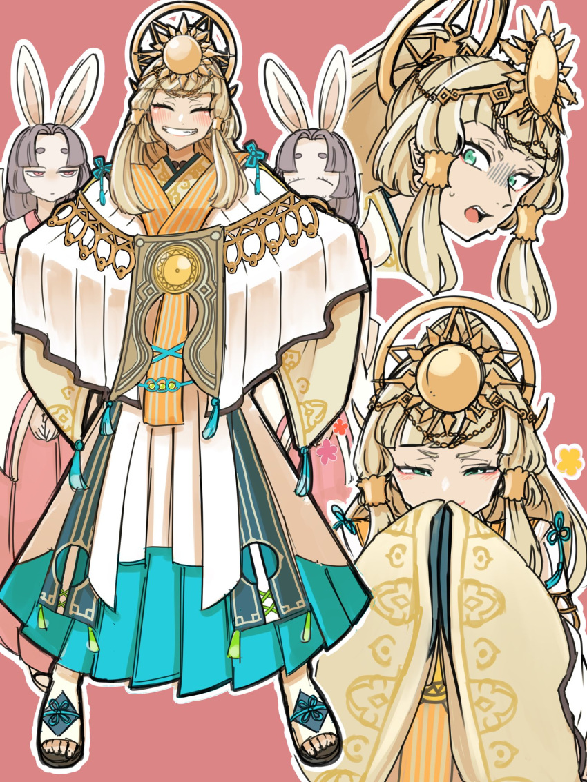 3girls, animal_ears, aqua_skirt, blunt_bangs, blush, full_body, green_eyes, hair_intakes