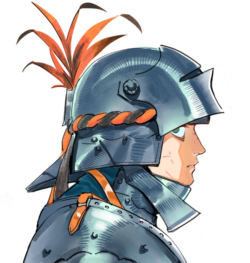 1boy, armor, breastplate, expressionless, from_side, full_armor, green_eyes, helmet