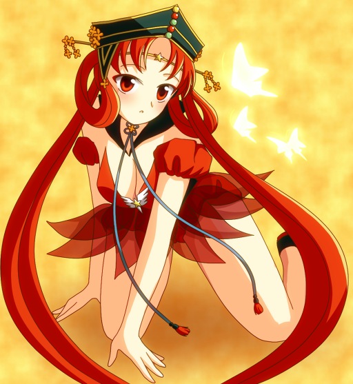 bishoujo_senshi_sailor_moon, blush, breasts, cleavage, dress, hair_rings, hat, kneeling