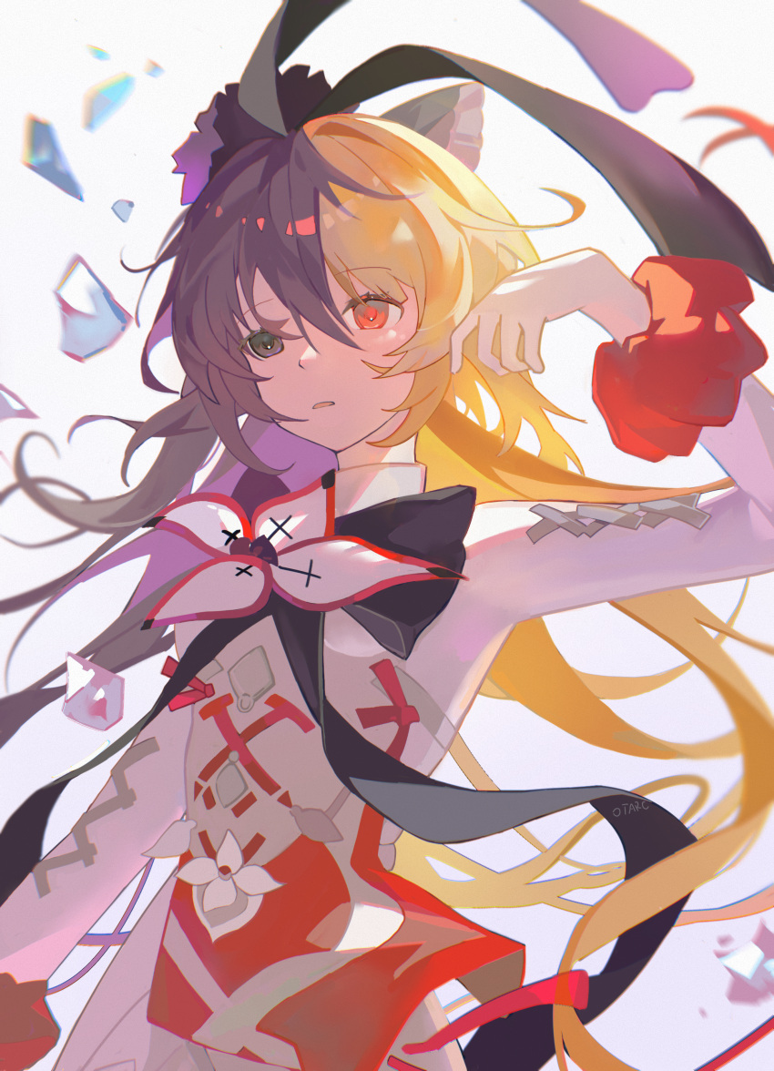 1girl, absurdres, arcaea, black_bow, black_bowtie, black_eyes, black_hair, blonde_hair