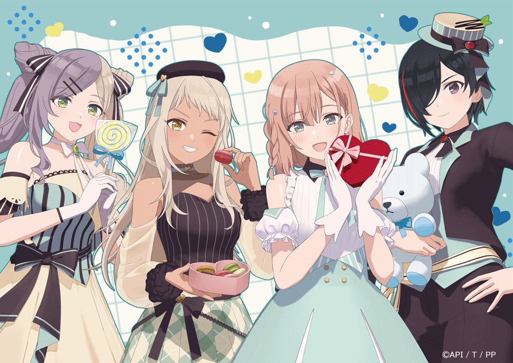 4girls, bare_shoulders, black_dress, black_hair, black_pants, blonde_hair, blush, box