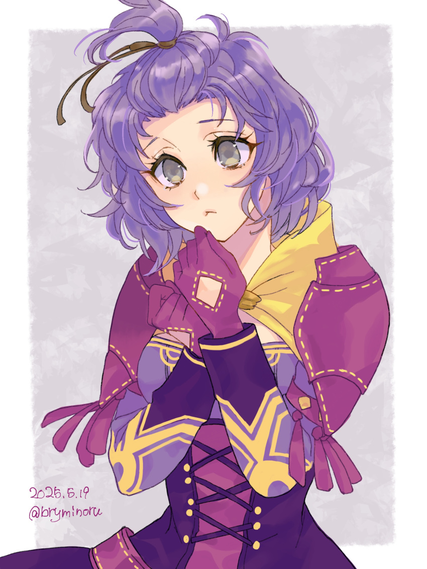 1girl, :<, armor, bernadetta_von_varley, black_ribbon, border, bryminoru, closed_mouth