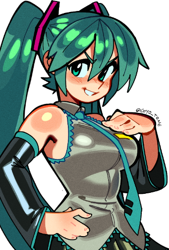 1girl, bare_shoulders, blue_eyes, blue_hair, blue_necktie, blush, breasts, detached_sleeves