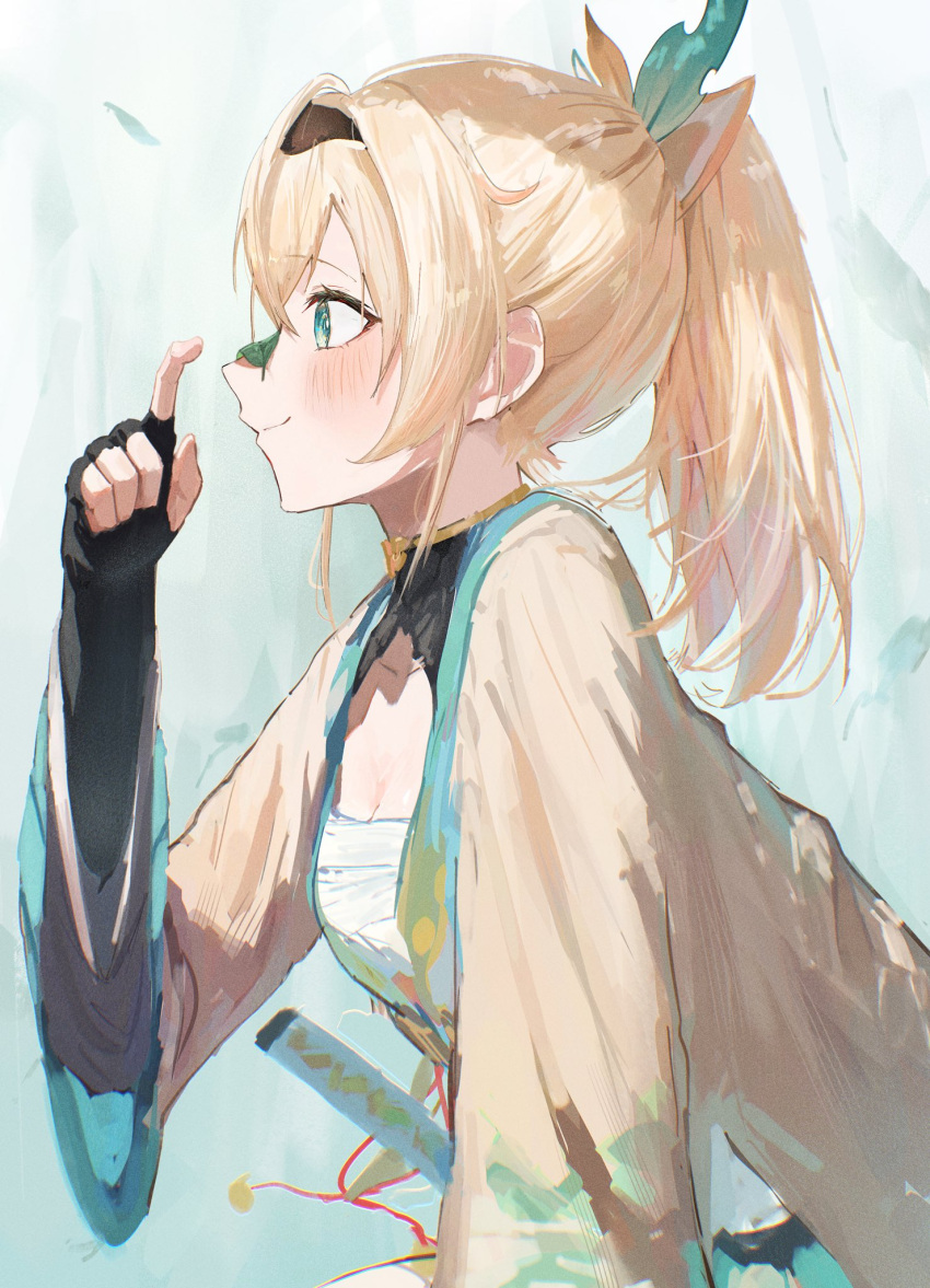 1girl, blonde_hair, chest_sarashi, commentary, fingerless_gloves, gloves, green_eyes, haori