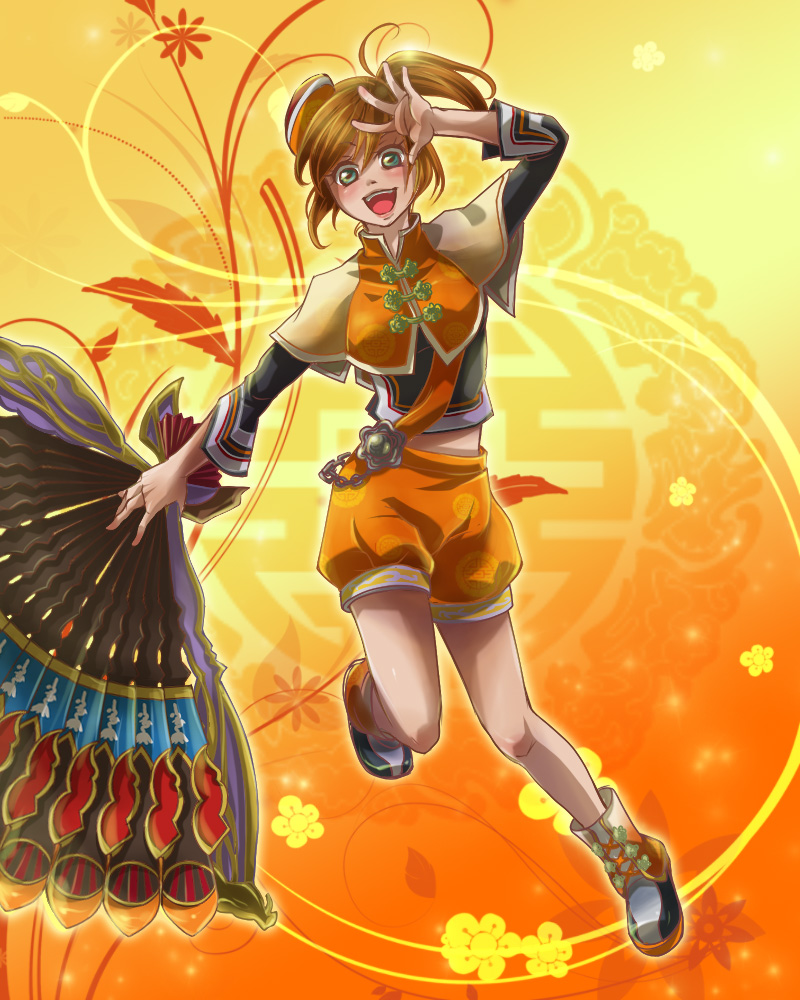 :d, brown_hair, fan, green_eyes, happy, hat, izumiizm, midriff