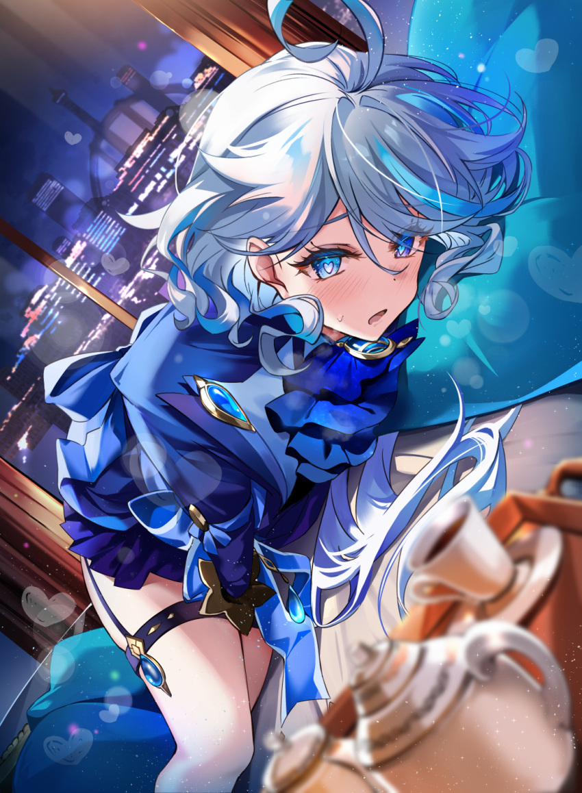 1girl, ascot, blue_ascot, blue_brooch, blue_eyes, blue_gemstone, blue_hair, blue_jacket