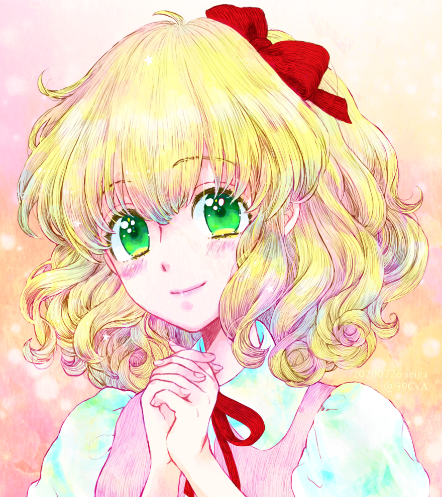 1girl, 39cva, angelique_(series), angelique_limoges, blonde_hair, blush, bow, closed_mouth, collared_dress, dress, green_eyes, hair_bow, medium_hair, neck_ribbon, own_hands_clasped, own_hands_together, pink_dress, puffy_short_sleeves, puffy_sleeves, red_bow, red_ribbon, ribbon, short_sleeves, smile, solo, upper_body, wavy_hair