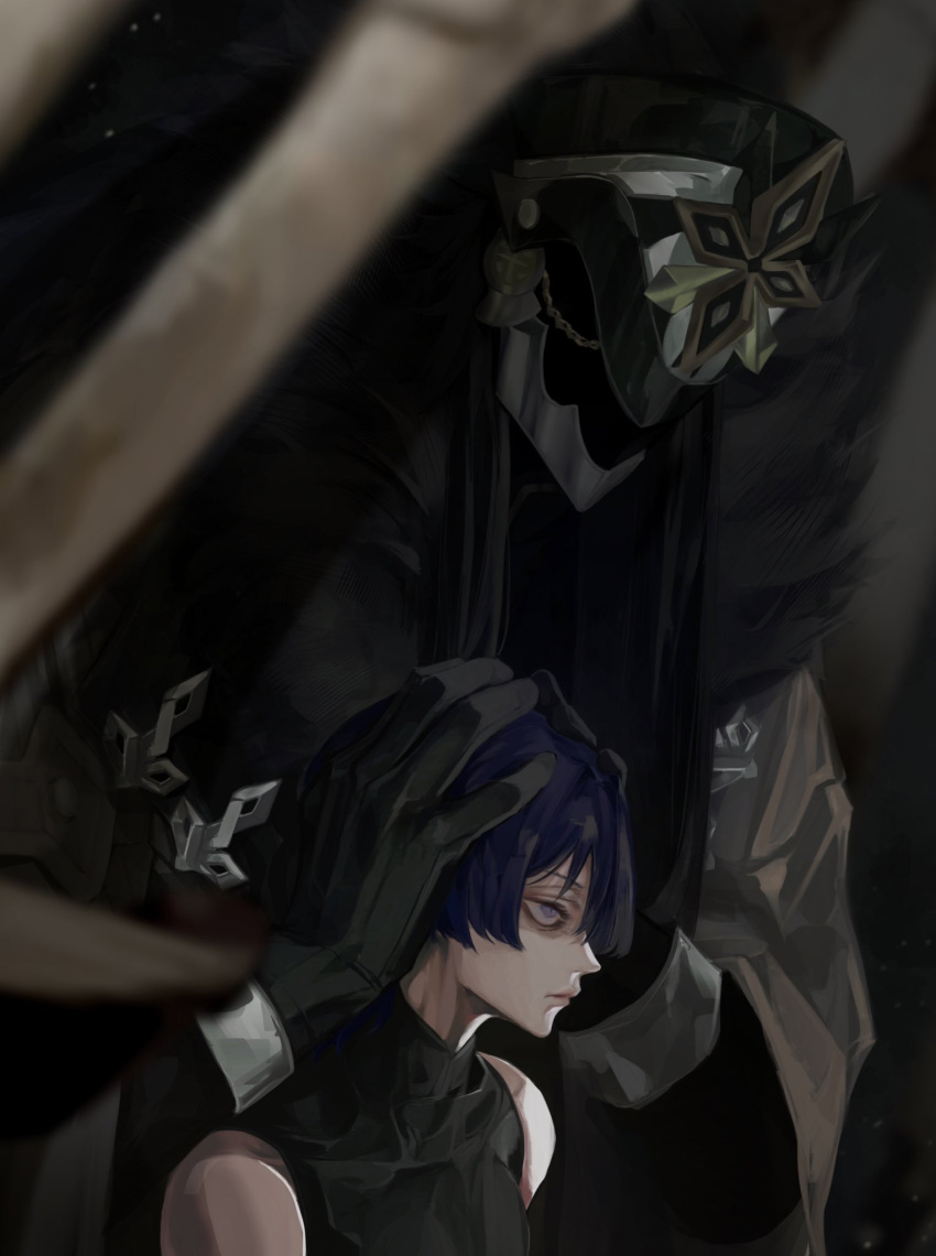 2boys, behind_another, black_bodysuit, black_gloves, black_helm, black_helmet, black_sleeves, blunt_ends