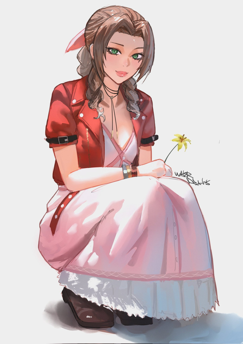 1girl, aerith_gainsborough, artist_name, bangle, boots, bracelet, braid, braided_ponytail, breasts, brown_boots, brown_hair, choker, cropped_jacket, dress, final_fantasy, final_fantasy_vii, final_fantasy_vii_remake, flower, flower_choker, full_body, green_eyes, hair_ribbon, highres, holding, holding_flower, jacket, jewelry, light_smile, lily_(flower), long_dress, long_hair, looking_at_viewer, medium_breasts, parted_bangs, pink_dress, pink_lips, pink_ribbon, red_jacket, ribbon, short_sleeves, sidelocks, signature, single_braid, solo, squatting, waterdraws, white_background, yellow_flower