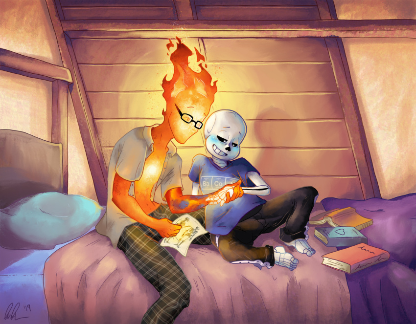 2019, 2boys, 2d, artist_name, barefoot, bed, black_pants, blanket, blue_shirt, book, c-puff, collared_shirt, commission, digital_media, duo, elemental_(creature), fire_elemental, flaming_head, glasses, grillby, holding_paper, holding_wrist, humanoid, indoors, male, male_focus, male_only, monster, monster_boy, multiple_boys, no_mouth, open_clothes, open_shirt, orange_skin, pants, paper, pillow, rectangular_eyewear, sans_(undertale), shirt, signature, sitting, skeleton, t-shirt, teeth, undead, undertale, utdr_(toby_fox), vertical-striped_clothes, vertical-striped_pants, white_stripes