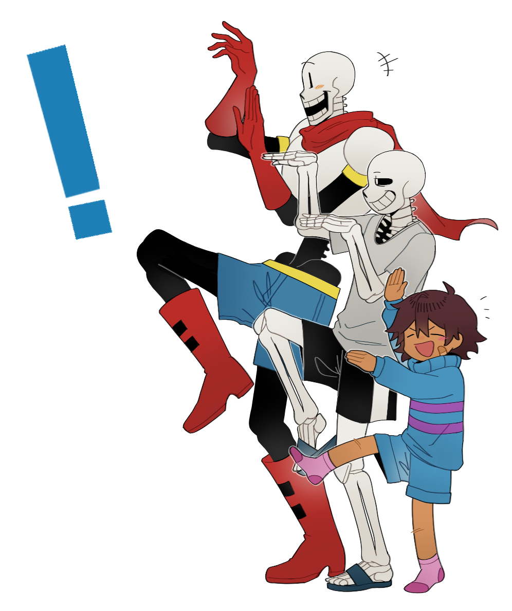 !, +++, 1other, 2025, 2boys, 2d, ambiguous_gender, aqua_sandals, armor, arms_up, bandaid, bandaid_on_face, black_shorts, blue_shorts, blue_sweater, boots, brothers, brown_hair, cape, digital_media, eliasvrk, frisk_(undertale), gloves, grey_shirt, height_difference, horizontal-striped_clothes, human, humanoid, leg_up, male, meme, monster, monster_boy, multiple_boys, notice_lines, open_mouth, papyrus_(undertale), parody, pink_socks, pink_stripes, red_boots, red_cape, red_gloves, sandals, sans_(undertale), shirt, short_hair, shorts, siblings, simple_background, skeleton, socks, standing_on_one_leg, striped_clothes, striped_shorts, striped_sweater, sweater, teeth, trio, two-tone_sweater, undead, undertale, utdr_(toby_fox), vertical-striped_clothes, vertical-striped_shorts, white_armor, white_background, white_stripes, yotsubato!, yotsubato!_pose