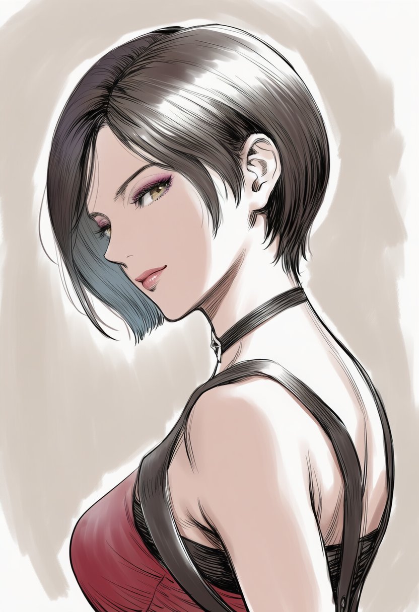 1girl, ada_wong, bare_shoulders, black_choker, black_hair, breasts, brown_eyes, chest_harness